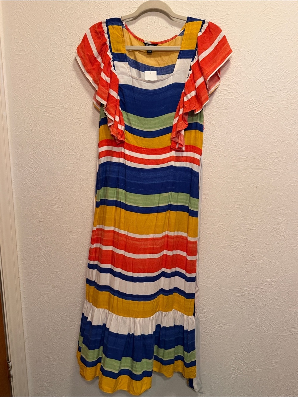 🪢🪢🪢BOGOHO🪢🪢🪢Versona Colorful Striped Ruffle Sleeve Maxi Dress - Multicolor-